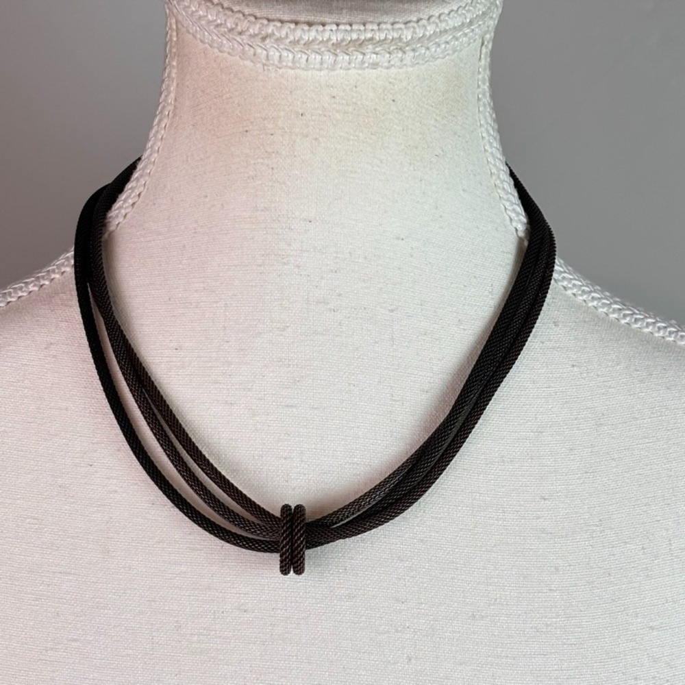 Three Strand Black Cooper Rope Mesh Ring Statment Necklace toggle clasp 18"